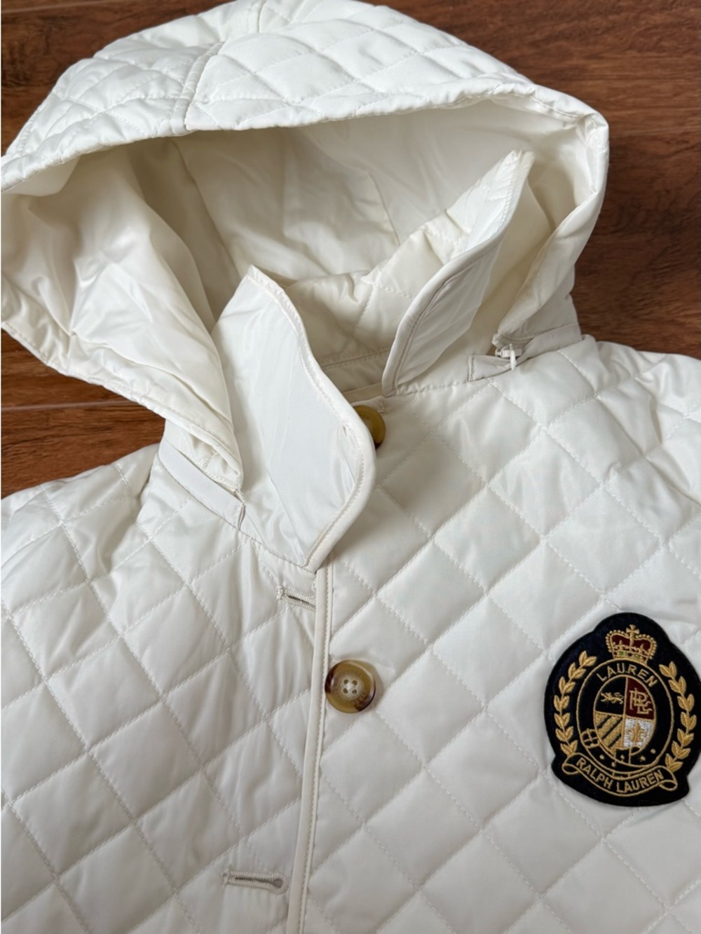 Ralph Lauren Cream Crest Detail Quilted Hooded Jacket with Contrast Trim